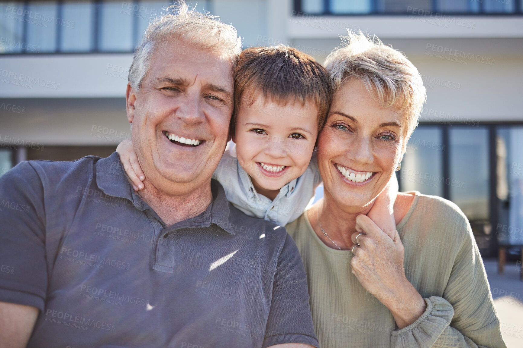 Buy stock photo Portrait happy child and grandparents together outdoor with smile, love and bonding with as a family. Senior man and woman having fun, happiness and joy with cute boy or kid on a weekend in backyard