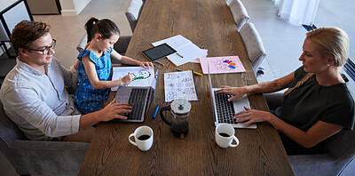 Buy stock photo Man, woman and child in home office with laptop, paper documents and kids study homework. Top view of family, mother and father with learning girl working on startup business and children education 