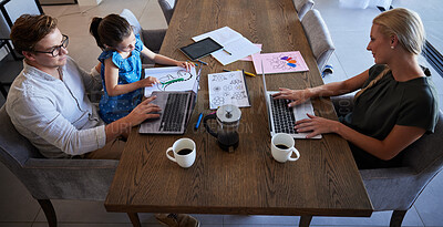 Buy stock photo Parents and daughter being productive with remote work and homework, multitasking at table in their home. Startup, business owner and child doing online task in a busy house with little girl drawing 
