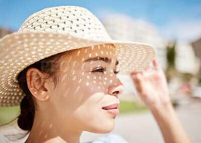 Buy stock photo Summer, travel and beach sun hat by woman looking content, relax and calm, enjoying fresh air and free time. Nature, light and closeup of female on vacation in Florida, enjoy tropical view and ocean