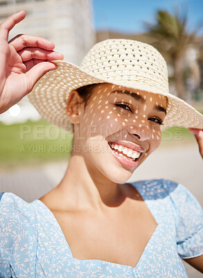 Buy stock photo Happy, summer and a woman on holiday with hat and smile on face in the sun. Nature, sunshine and relax, girl outdoors on a tropical vacation, weekend away or time for freedom and fun in sunny weather