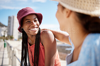 Buy stock photo Black woman friends at the beach in an urban city  for summer, vacation or holiday with sunshine in Miami. Happy travel couple or gen z people with smile for outdoor vitamin d near ocean