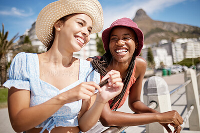Buy stock photo Laughing, phone or fashion women bonding on summer holiday in South Africa city travel location. Smile, happy or comic friends, students or tourist with trend, style clothes or social media 5g mobile