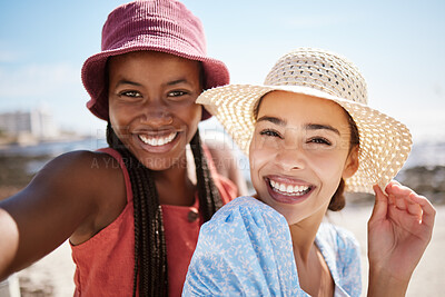 Buy stock photo Smile selfie, friends and women on vacation, holiday or girls summer trip, outdoors or nature. Face portrait, lesbian couple and happy people relax in sunny sunshine freedom, fun or bonding together.