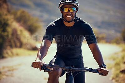 Buy stock photo Fitness, bicycle and exercise man cycling outdoor in a street during summer with glasses and a helmet for safety. Happy athlete riding a bike to practice, workout or training for a race competition
