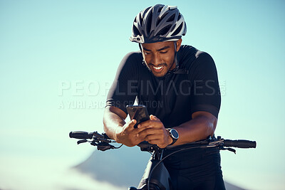 Buy stock photo Bicycle, phone and fitness or gps app with smile happy about progress during exercise and cycling training outdoors in summer with safety helmet. Athlete riding bike to workout and practice for race