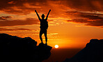 Freedom, mountain and man silhouette hiking at sunset, happy and success celebration in nature. Motivation, health, and energy challenge winner by a guy shadow cheering and express victory and joy