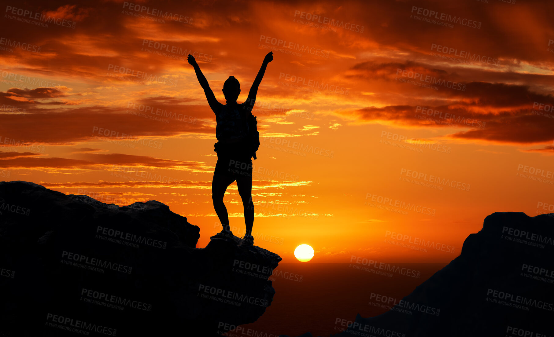 Buy stock photo Freedom, mountain and man silhouette hiking at sunset, happy and success celebration in nature. Motivation, health, and energy by a backpacker shadow after adventure and trekking expedition with joy