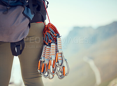 Buy stock photo Adventure, climb and cables of a person with mountain equipment and backpacking in nature. Hiker or climber in sport gear for rock climbing, harness and backpack for hiking safety in sports exercise