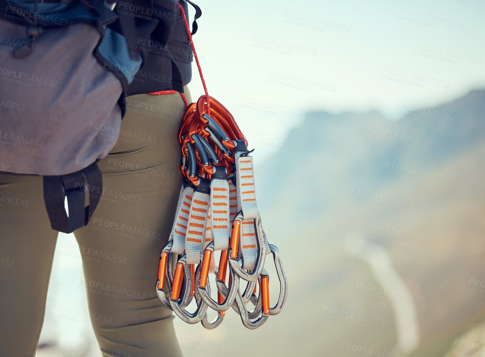 Buy stock photo Hiking, climb and cables of gear for mountain adventure, equipment and backpacking in nature. Hiker or climber in sportswear for rock climbing, harness and backpack for hike safety in sports exercise