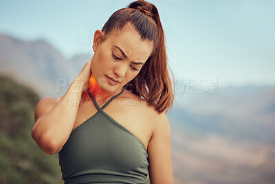Buy stock photo Woman neck pain, sports injury and muscle pain outdoor from training, fitness and exercise in glowing red. Health risk of injured female athlete with body accident, problem and emergency first aid