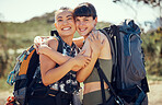 Women mountain hiking, friends in nature and outside in the summer sun. A hike is a great vacation adventure that is also good for exercise, mental health and lets you see the natural beauty of earth