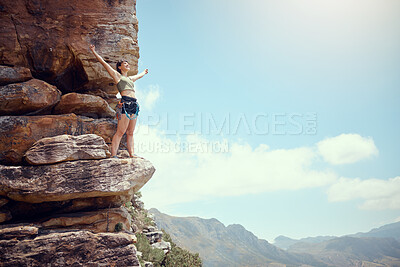 Buy stock photo Mountains, success and hiking woman with view of nature environment, countryside landscape or blue sky background. Happy, exercise power or fitness freedom in sports workout or Colorado rock climbing