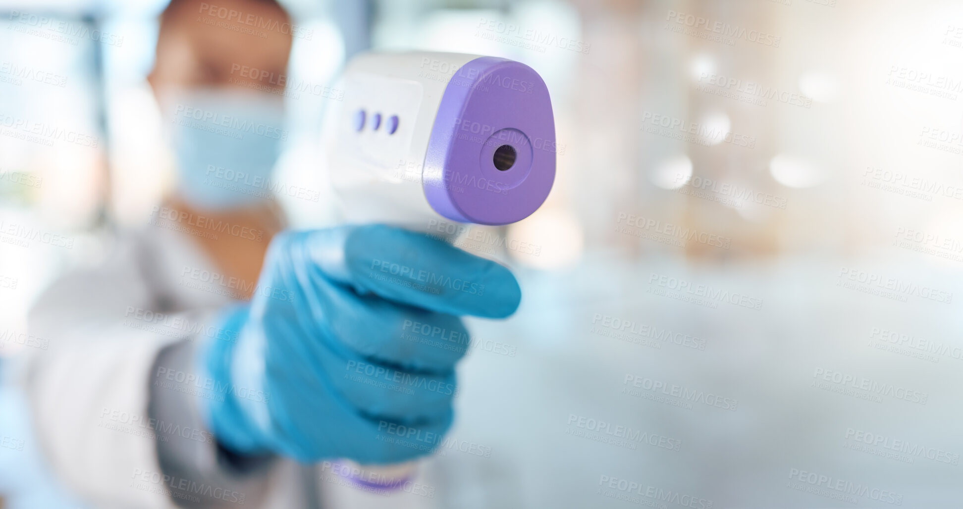 Buy stock photo Covid, nurse hand and health thermometer scan check at a hospital, healthcare or clinic from a doctor. Woman working with medical temperature measure to see fever for disease, dengue fever or corona 