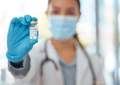 Buy stock photo Doctor hands, covid vaccine medicine bottle and serum for risk, healthcare and wellness safety. Closeup corona virus medical development, pharmaceutical innovation and covid 19 science drug test cure