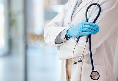 Buy stock photo Medical hands, healthcare and doctor with stethoscope in hand of nurse for research, heartbeat or breathe in hospital. Medicine, insurance and consulting with health professional cardiology in clinic