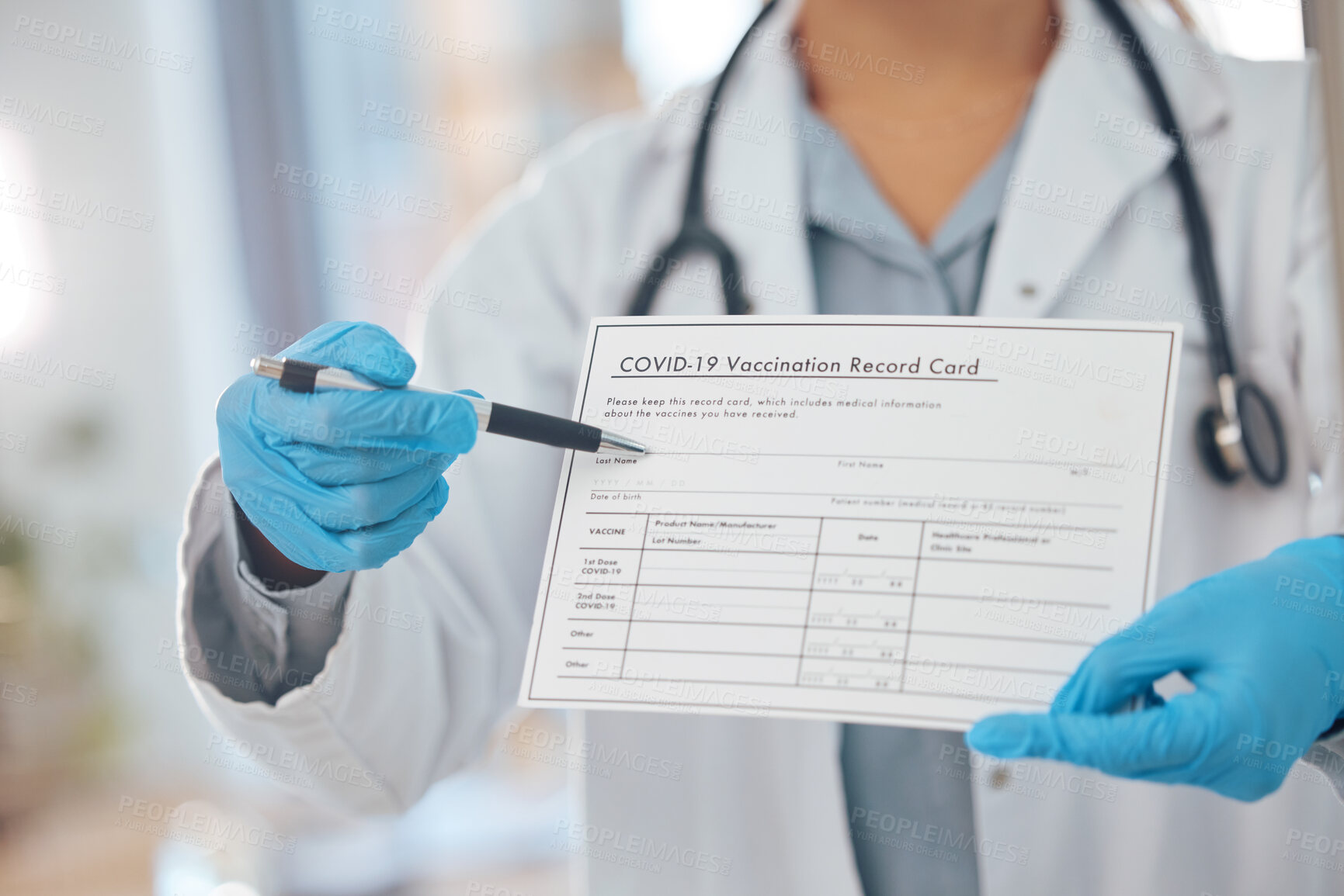 Buy stock photo Woman, doctor and covid vaccine card for hospital compliance, travel law and government healthcare check. Zoom, medical worker hands and virus certificate, insurance safety or medicine paper passport