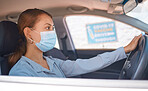 Covid vaccine, car drive and woman with face mask for safety, compliance and healthcare at an outdoor clinic or hospital. Person in vehicle at covid 19 drive thru for corona virus medical vaccination