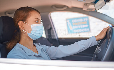 Buy stock photo Covid vaccine, car drive and woman with face mask for safety, compliance and healthcare at an outdoor clinic or hospital. Person in vehicle at covid 19 drive thru for corona virus medical vaccination