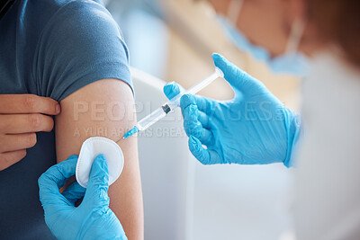Buy stock photo Medicine, health and patient with a covid vaccine from a doctor at a hospital during a pandemic. Closeup of a healthcare worker doing a medical antibody treatment injection at a medicare clinic.