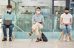 Covid, recruitment and people in waiting room social distancing and wearing face mask for safety from covid 19 virus. Hiring, company job interview and young man and women wait for business interview