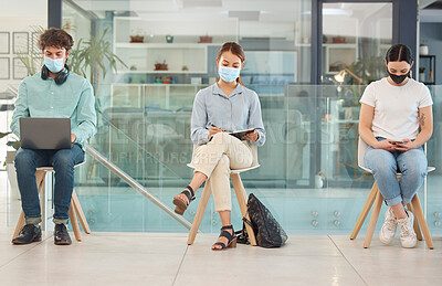 Buy stock photo Covid, recruitment and people in waiting room social distancing and wearing face mask for safety from covid 19 virus. Hiring, company job interview and young man and women wait for business interview