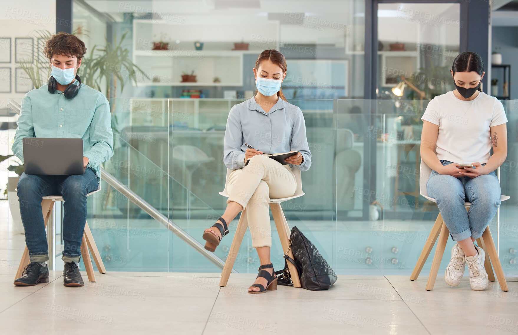 Buy stock photo Covid, recruitment and people in waiting room social distancing and wearing face mask for safety from covid 19 virus. Hiring, company job interview and young man and women wait for business interview