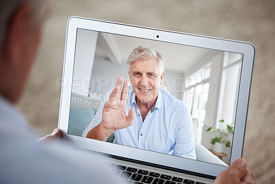 Buy stock photo Video call, computer communication and conversation of people on laptop talking. Web, tech and internet discussion with a happy smile and welcome friends wave from a pensioner man with pc technology