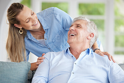 Buy stock photo Senior man and daughter on sofa in their home, happy, smiling and bonding together. Elderly dad and woman laughing, talking and spending time after retirement. Love, family and parent and child bond