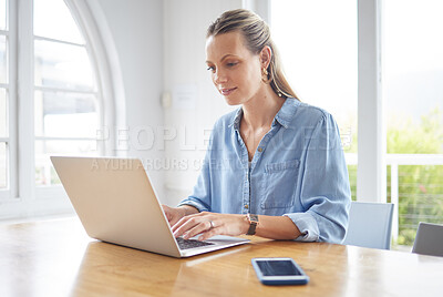 Buy stock photo Business woman, designer and laptop in marketing office working on technology for career plan at work. Focused female employee in web design on wireless computer at workplace desk or table