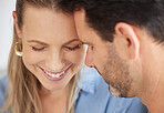 Love, family and couple in their home together, married and sharing intimate moment. Portrait of romantic, smiling and loving man and woman touching foreheads and face. A happy marriage 