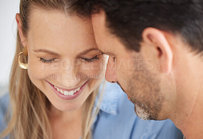 Buy stock photo Love, family and couple in their home together, married and sharing intimate moment. Portrait of romantic, smiling and loving man and woman in happy marriage touching foreheads, face and eyes closed