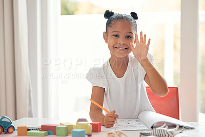 Buy stock photo Learning girl, greeting or homeschool education in distance course, math support or internet study in lockdown. Student portrait, smile or happy child counting on hands and writing answer in notebook