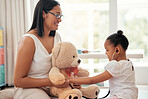 Teddy bear doctor, girl game and mother with smile for child, happy medical work and love for healthcare in home living room. Girl and mom help playing nurse to toys in house lounge together