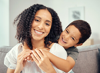 Buy stock photo Happy kid hug mom for mothers day, love and care while relaxing together on sofa lounge at home. Portrait of smile parent, playful boy child and happiness while bonding, enjoying quality time and fun