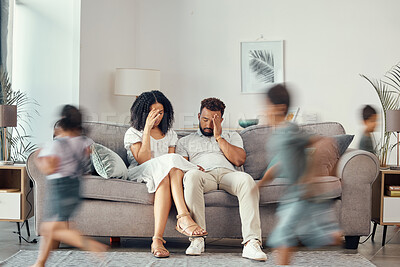 Buy stock photo Stress, couple and family with adhd children running fast in house living room or home interior. Man, woman and parents with burnout, depression and anxiety from autism, energy and mental health kids