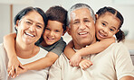 Grandkids hug grandparents for love, care and relax in family home together. Portrait of happy children, smile senior grandma and laughing elderly grandpa bond and funny play together in quality time