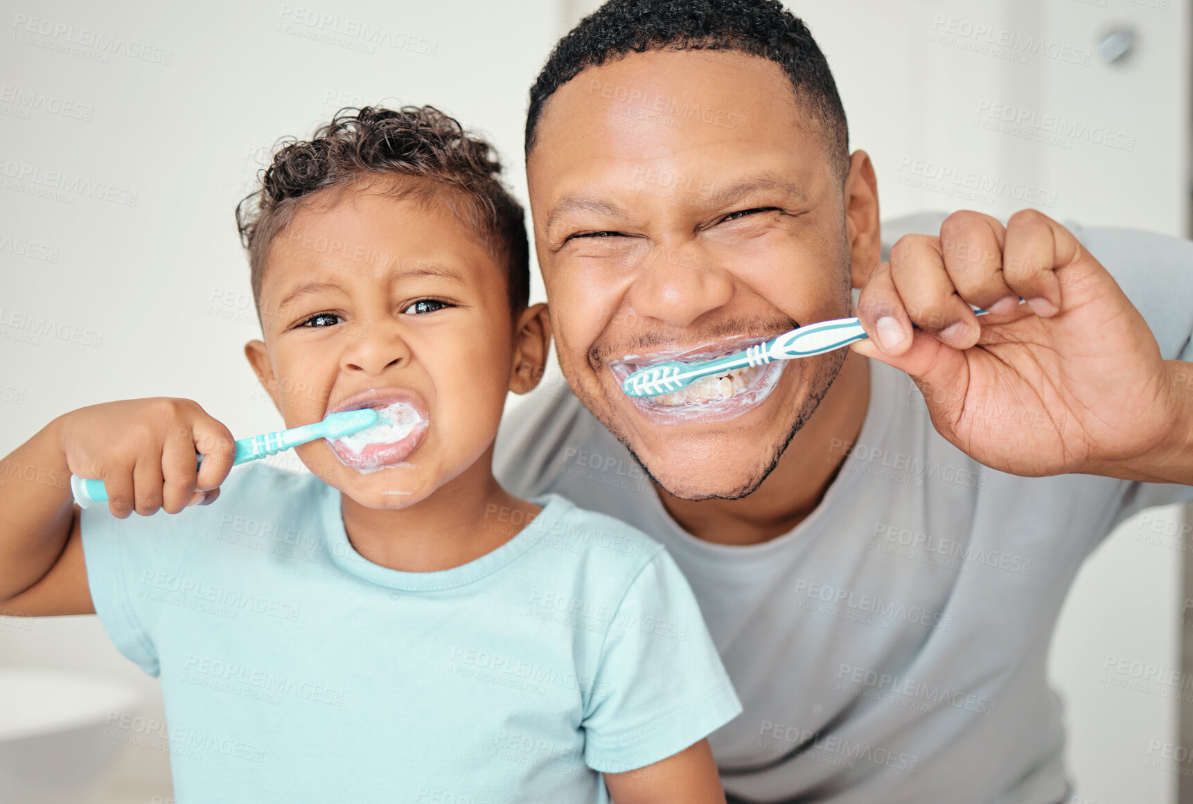 Buy stock photo Portrait of dental dad, kid brushing teeth and healthy mouth cleaning in home bathroom. Happy father teaching child oral healthcare, wellness and fresh breath with toothbrush, toothpaste and smile