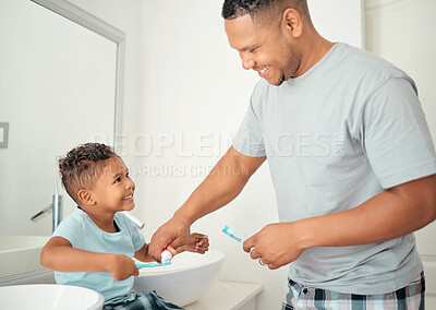 Buy stock photo Dental, father and child brushing teeth with a toothbrush in a bathroom for healthy, wellness and oral care together. Happy young kid, boy and son showing dad a big smile for morning hygiene routine