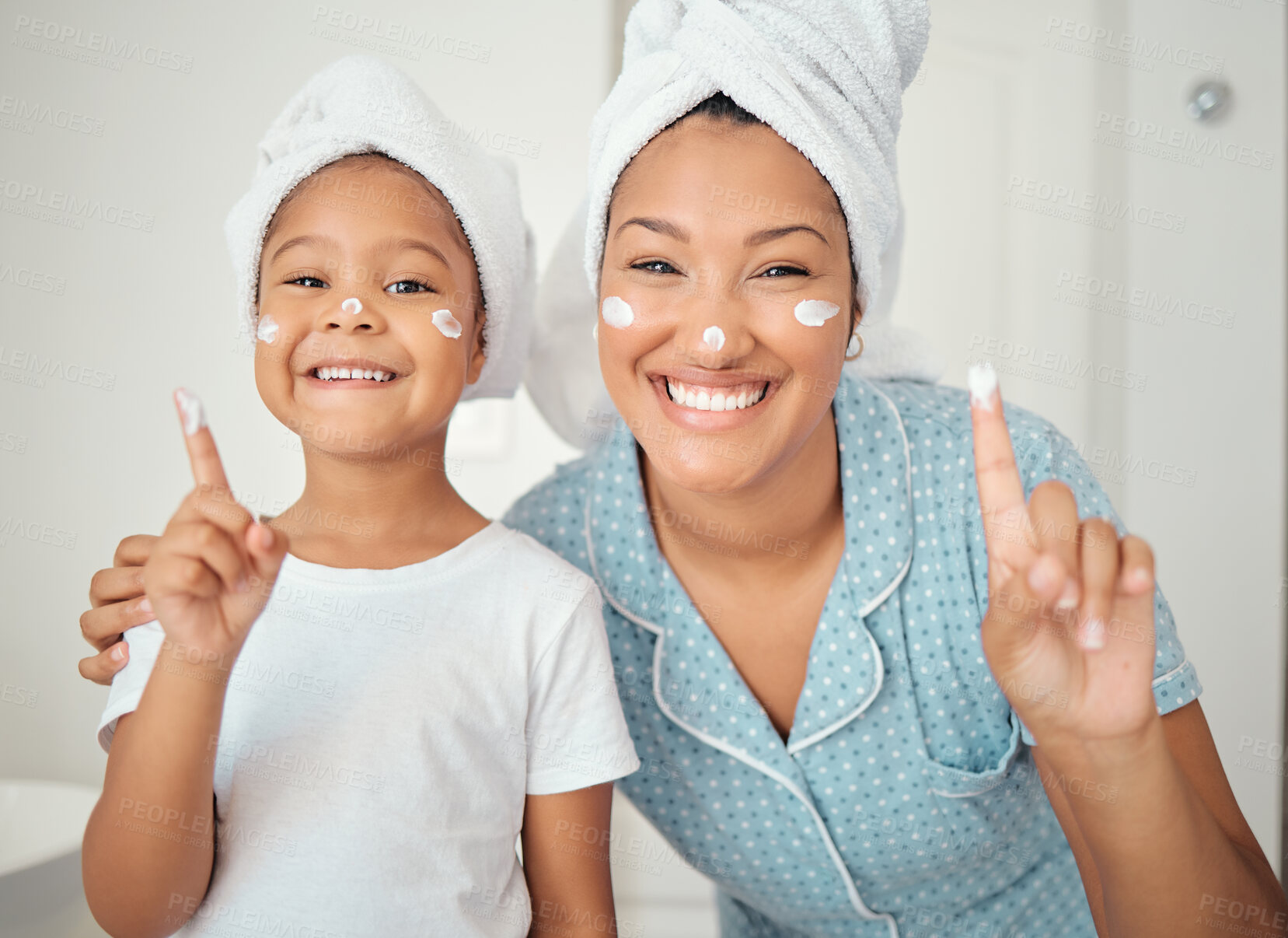 Buy stock photo Skincare, grooming and portrait of mother and daughter smile, happy with hygiene treatment and face cream while bonding in bathroom. Cleaning, beauty and facial with excited girl and parent selfcare