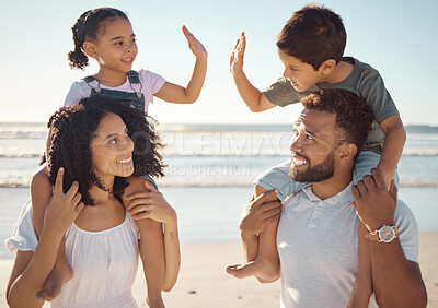 Buy stock photo Family bond, children and high five on beach holiday, summer travel and fun game by ocean or sea in Mexico. Smile, happy and success gesture for kids with mother and father in support, trust and game