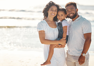 Buy stock photo A mock up black family on holiday, happy at beach and smile in summer sun. Mother with her man, girl child on seaside vacation and stand in waves by ocean. Parents with kid relax, destress and unwind