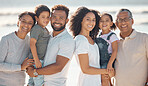 Happy, big family and portrait smiling on a beach together in happiness for the outdoors. Black people with smile for vacation fun bonding and time in generations relaxing on the ocean in summer