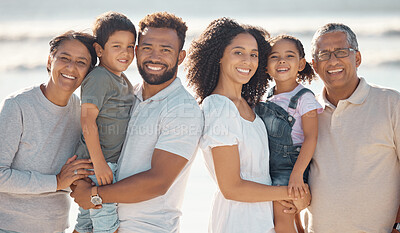 Buy stock photo Happy, big family and portrait smile on a beach holiday together in happiness for outdoors. Black people smiling for ocean trip or travel in South Africa fun, relax and bond time on summer vacation