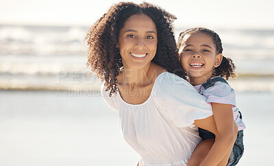 Buy stock photo Mom, girl kid and family portrait at beach holiday, summer vacation and relaxing seaside together. Excited, smile and happy mom, young piggyback child and play, love and happiness sunshine at ocean