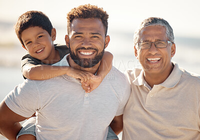 Buy stock photo Happy outdoor adventure, portrait of family on beach in Rio de Janeiro and generations of men travel together. Young boy child on father's back, dad with smile and proud elderly grandfather vacation