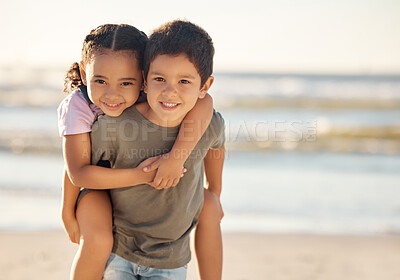 Buy stock photo Portrait of boy and girl at the beach during family summer vacation during sunset. Happy children or sibling hug, play and smile at the ocean or sea with freedom, care and smile on nature holiday 