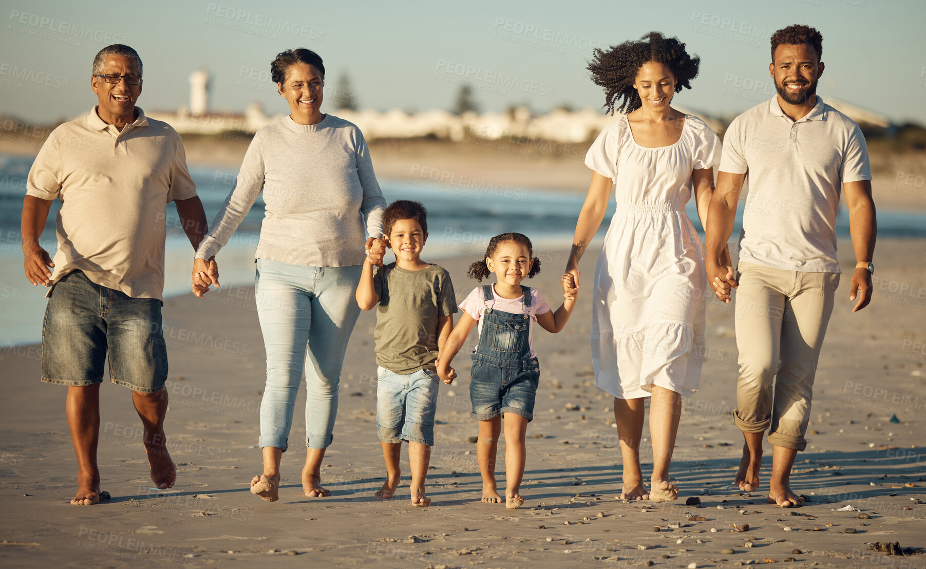 Buy stock photo Family beach, holiday walking and children holding hands on vacation in Australia, happy with grandparents and parents by sea and travel time together. Portrait of elderly people in nature with kids