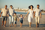 Family on beach with children smile while parents, kids grandparents holding hands on vacation by the ocean. Black family walking in sand by the sea, show love and solidarity on holiday or reunion