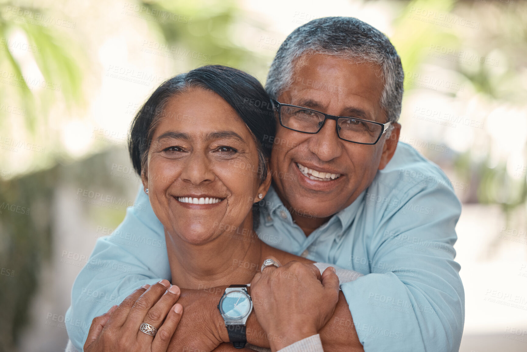 Buy stock photo Portrait, love and senior couple hug in a happy marriage relationship bonding outdoors in Costa Rica. Smile, happiness and elderly woman holding a romantic partner and enjoy a tropical holiday break